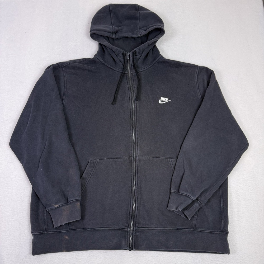 Nike Hoodie Mens XXL Black Full Zip Sweatshirt Swoosh Logo Faded Distressed Gym